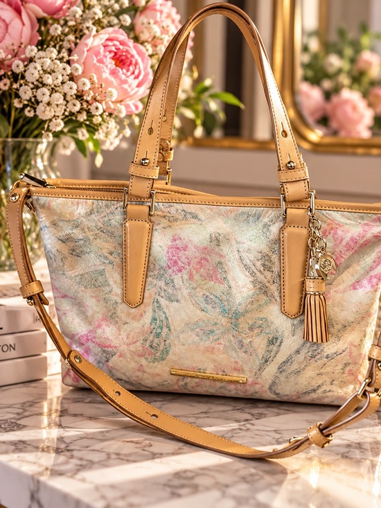 Brahmin Handbags - Brahmin Floral Print Crème Talitha Mini Asher Tote Bag with Tan Leather Trim